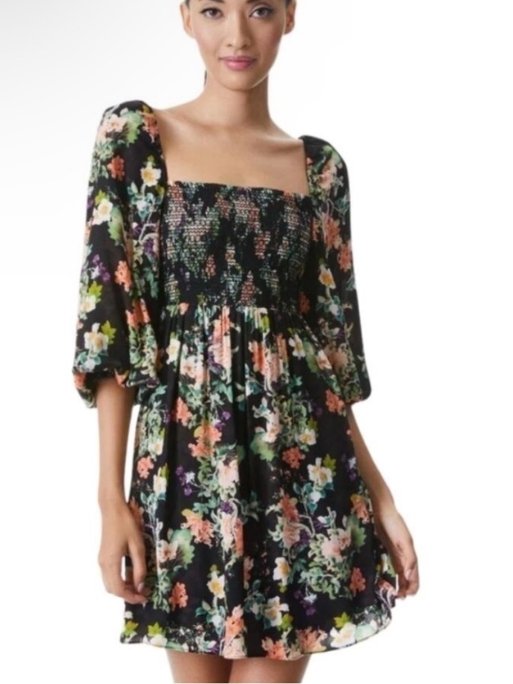 Alice + Olivia cooper floral smocked chiffon flowy mini babydoll dress sz 0